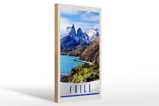 Femer Holzschild Reise 20x30cm Chile Gebirge Meer Natur Schnee