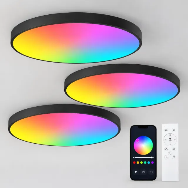 LOVHAUS 3x LED Plafondlamp Ø30 cm – 24W – Dimbaar – Met Afstandsbediening Zwart