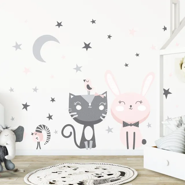 Ambiance Sticker Muurstickers - Kat, konijn en vogels tussen de sterren - Zelfklevende stickers - 95x70cm Multi color