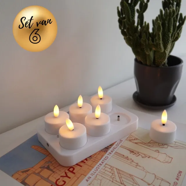 Ozocozy Oplaadbare Waxinelichtjes - 6 Stuks - Met Afstandsbediening - 48+ Branduren - Timerfunctie - Theelichtjes - Horeca Kaarsen - Oplaadbare LED Kaarsen - Veilig & Duurzaam Wit