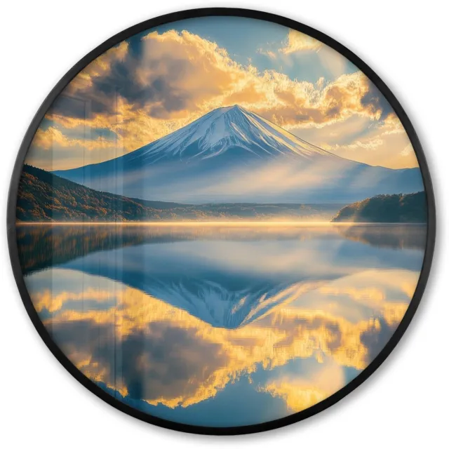 FrameYourWall Poster in lijst Rond - Fotolijst 60x60 cm - Posters - Berg - Rivier - Zonsondergang - Ronde posterlijst zwart - Decoratie - Wanddecoratie woonkamer - Muurdecoratie slaapkamer Landschap - Bergen