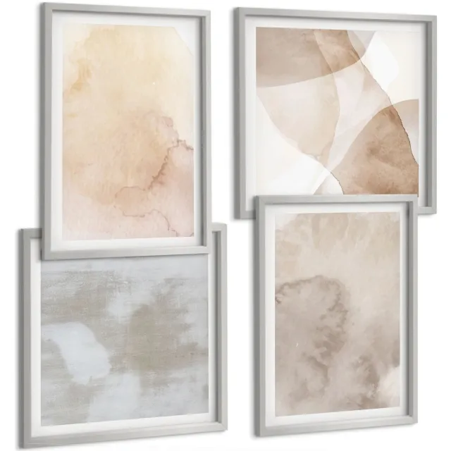 TULUP 4-Delige Schilderij Set - Warme aquarelverf op canvas, pasteltexturen - 40 x 40 cm en 40 x 60 cm - Muurdecoratie - Schilderijen Set - Woonkamer - Interieur Decoratie Zilveren lijst