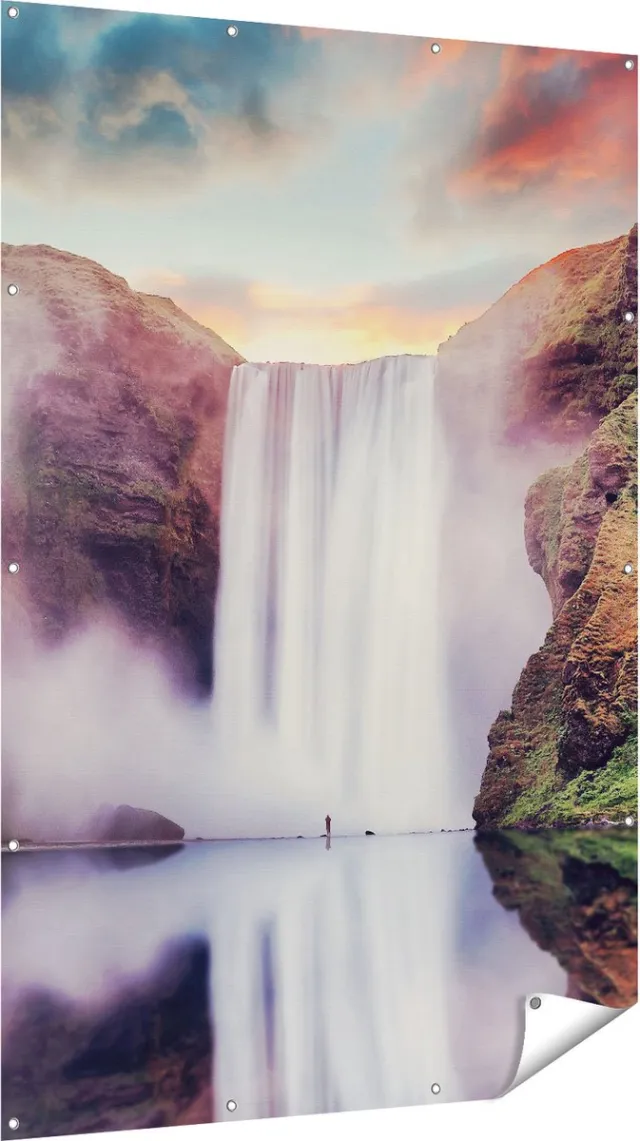 Gards Tuinposter Waterval met een Weerspiegeling in het Water - 120x180 cm - Tuindoek - Tuindecoratie - Wanddecoratie buiten - Tuinschilderij Multikleur