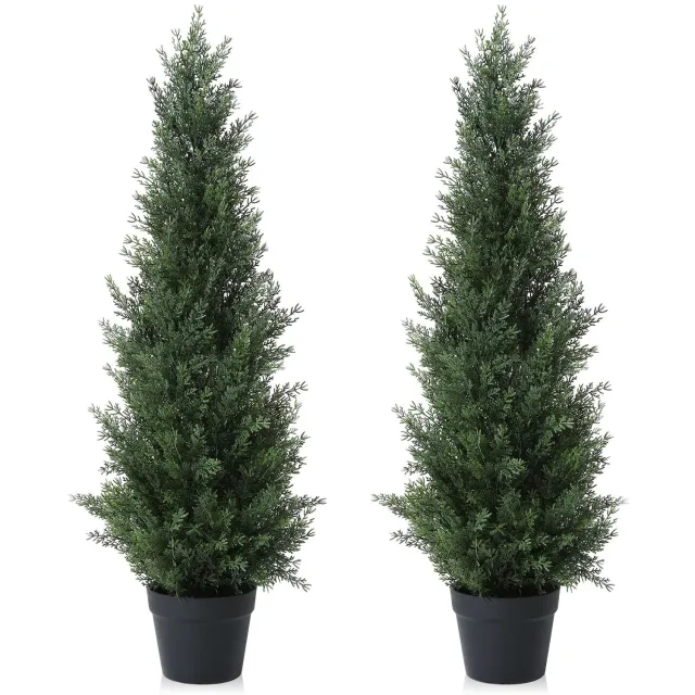 Famanu Kunstplanten set van 2 stuks, 95 cm hoge kunst-cederboom met kunststof potten voor tuin- veranda-decoratie, levensecht en onderhoudsvriendelijk