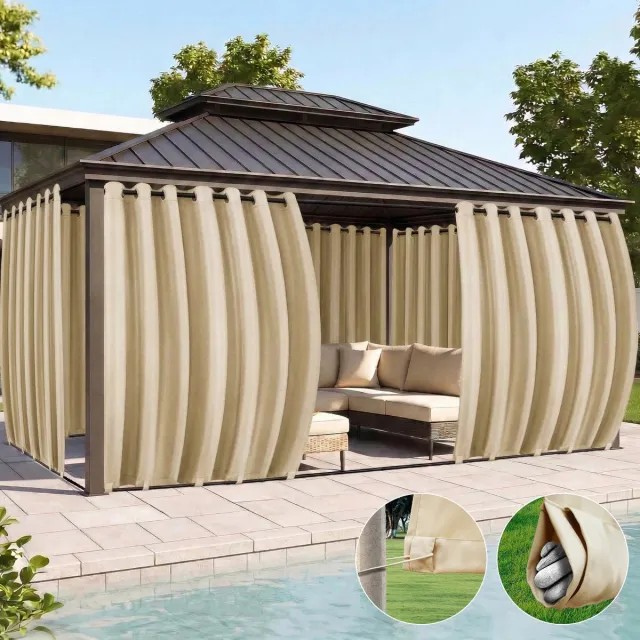 Qelus Extra Breed Buitengordijn Winddicht & Waterdicht - Outdoor Gordijn met Oogjes (Boven) en Anti-wind Lussen (Onder) - Weerbestendig voor Pergola - 180x213cm - Beige - 1 Stuk