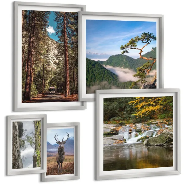 TULUP 4-Delige Schilderij Set - Natuurlijke landschappen van bergbossen en wilde dieren - 50 x 50 cm, 20 x 30 cm en 40 x 60 cm - Stijlvolle Muurdecoratie - Slaapkamer - Interieur Decoratie Zilveren lijst