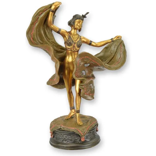 VntiQue Danseres - Bronzen Sculptuur - Art Deco Brons Beeld - Gouden Patina - Sierlijke Sokkel - 16 cm