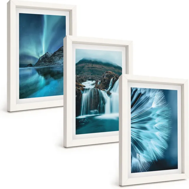 TULUP 3-Delige Schilderij Set - Winterlandschappen met watervallen en het noorderlicht - 20x30 - Muurdecoratie - Schilderijen Set - Woonkamer - Wanddecoratie Witte lijst