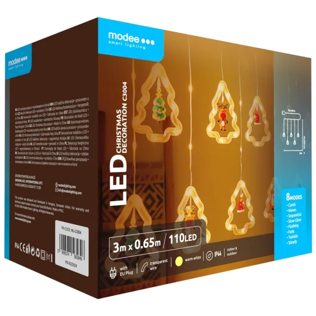 Modee Lichtsnoer Kerstdecoratie Kerstbomen 3 Meter - Kerstverlichting voor Buiten en Binnen - 110 LED Lampjes - 8 Lichtstanden - IP44 - 2700K - Warm Wit Licht - 3 stuks