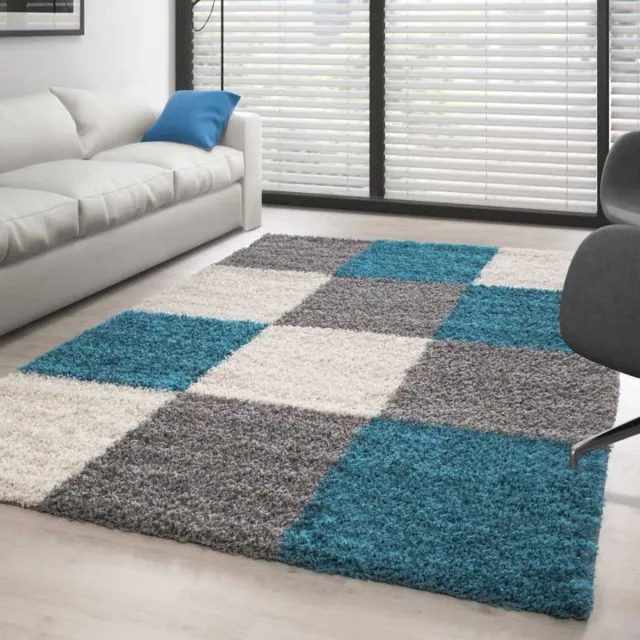 TapisTrend Harig tapijt Turkoois-Wit-Grijs 200x290 cm Hoogpolig vloerkleed met een- geblokt patroon