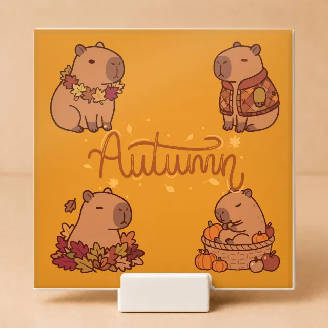 Bedruk King Warme Autumn Tegel – Decoratieve Herfsttegel met Kawaii Dieren Illustratie voor Sfeervolle Woondecoratie - 11 x 11 cm met houder Wit