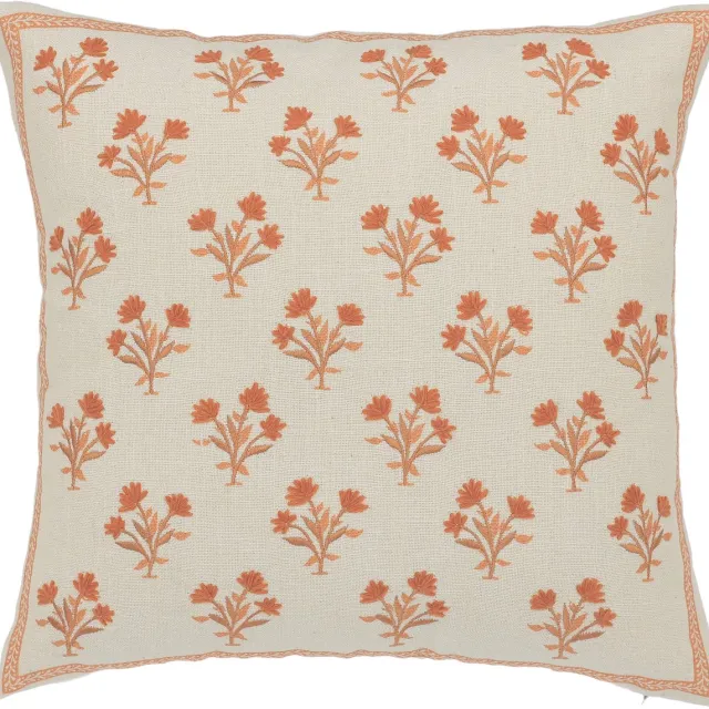 Urbane Hide Kussenhoes | Kussenhoesjes | Sierkussen | 50x50 cm | Bloemen | Katoen en acryl | Beige met oranje | Zonder binnenkussen