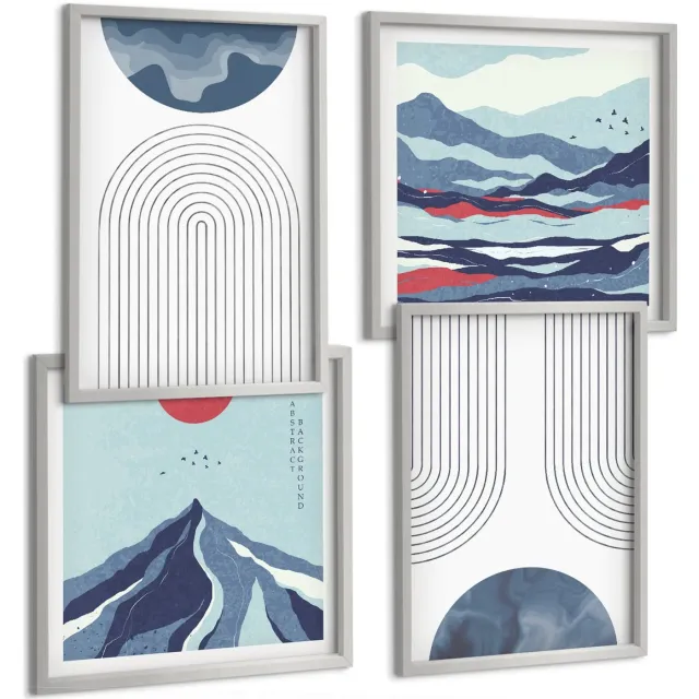 Coloray 4-Delige Schilderij Set - Abstracte Patronen, Berglandschappen, Japandi - 40 x 40 cm En 40 x 60 cm - Wanddecoratie - Woonkamer Decoratie Zilveren lijst