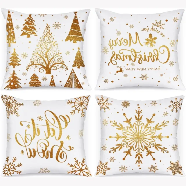 EGoods Katoenen kussenhoezen, set van 4, wit en goud, 40 x 40 cm, winterse sneeuwvlokken, kerstdecoratie voor Kerstmis, bed- en bankdecoraties. Any