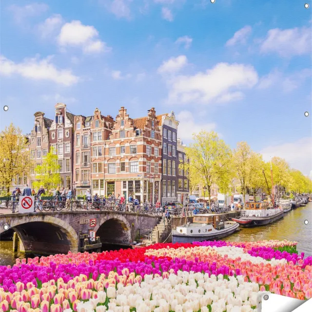 Gards Tuinposter Amsterdamse Huisjes aan de Grachten - 120x120 cm - Tuindoek - Tuindecoratie - Wanddecoratie buiten - Tuinschilderij Multikleur