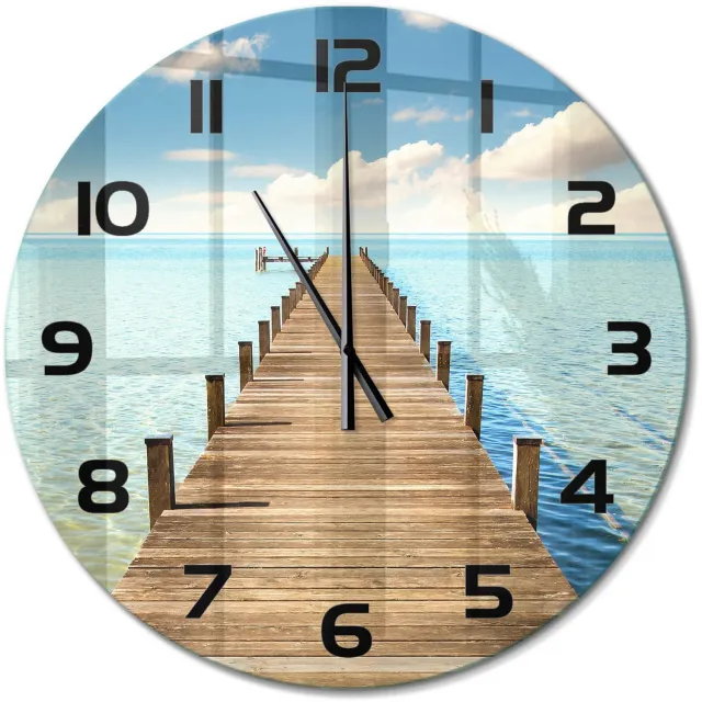 TULUP Wandklok - Houten brug Glazen Klok Met Print - fi60 cm - Blauw Wandklok Glas Met Motief - Zwarte handen - Ronde Klok - Wandklok Glas Decoratie - Gekleurde Glazen Klok