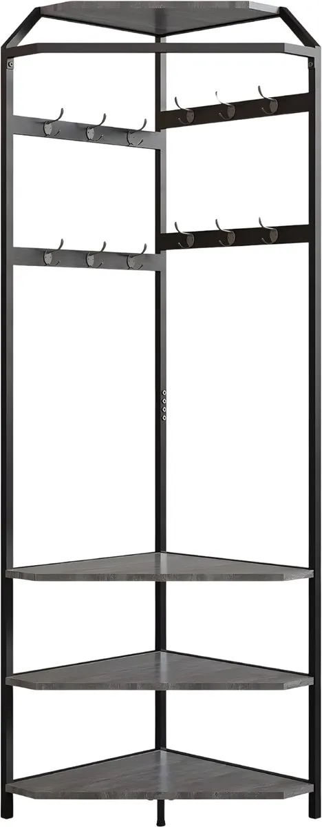 Happiq Hoek Kapstok met Bank 3-Laags - Houten Halmeubel met 12 Haken & Schoenenrek - Grijs Grey