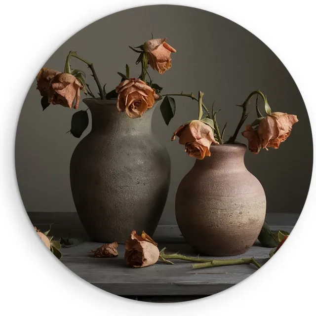 Saammp Muurcirkel Hout - Oude Bloemen in een vaas - Natuur - Ø 40 - Wandcirkel - Wanddecoratie Cirkel - Muurdecoratie Woonkamer - Kantoor Decoratie