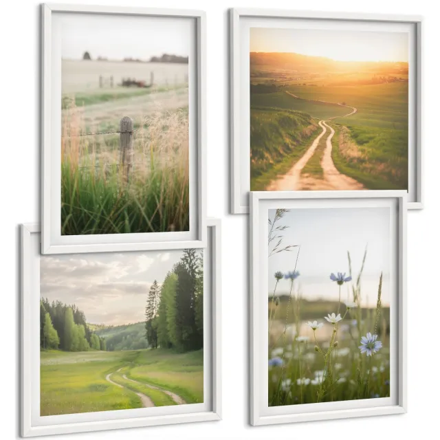 Coloray 4-Delige Schilderij Set - Natuurlandschappen Met Velden En Paden In De Zon. - 40 x 40 En 40 x 60 - Muurdecoratie - Schilderijen Set - Woonkamer - Stijlvolle Muurdecoratie Witte lijst