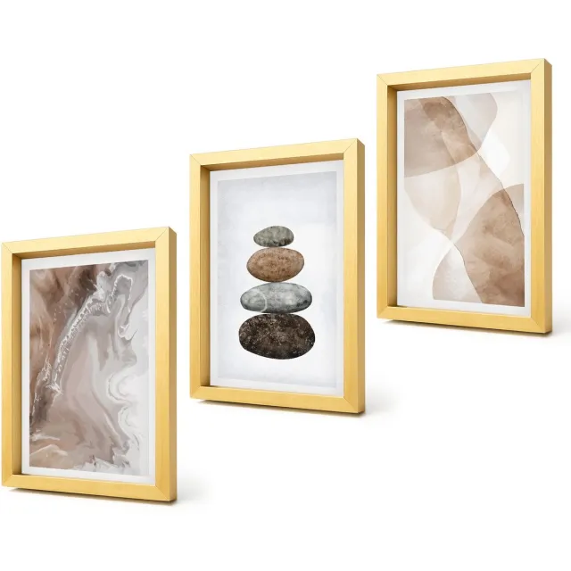 Coloray 4-Delige Schilderij Set - Abstracte vormen, geschilderde structuren in pastelkleuren. - 20 x 30 cm - Muurdecoratie - Schilderijen Set - Woonkamer Gouden lijst