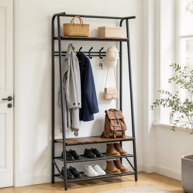 HOERFURIY Kapstok Staand - Kapstok met Schoenenrek - Garderoberek - Multifunctioneel Halmeubel - 5 Haken Enkele Rij - Kleedstang & Houtlook Opbergplanken - Industrieel Vintage - Stabiel Metalen Frame - voor Gang & Woonkamer - Zwart