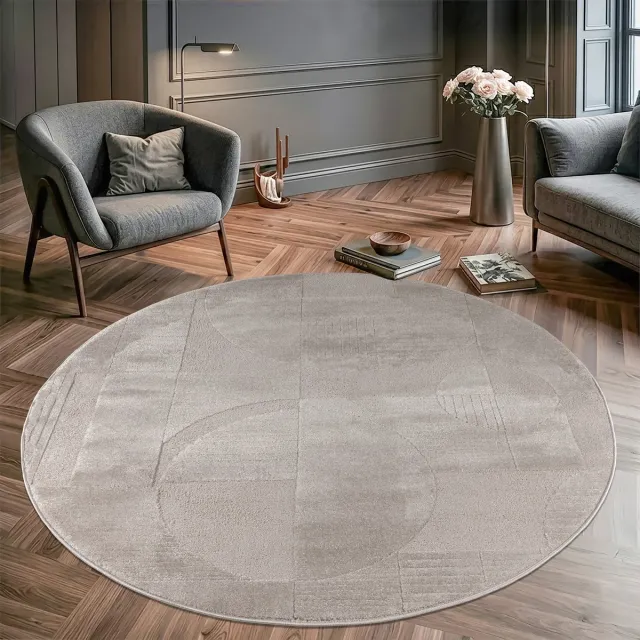 Muratap Vivant Japandi Abstract - Rond Vloerkleed Laagpolig - Taupe Beige- 200 CM Ø