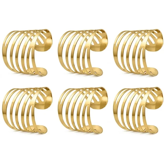NUVEX Goudkleurige servetringen set van 6 – metalen servethouder ringen met open streep ontwerp – brede servet houders met gebogen vorm – tafelaccessoires voor diner restaurant hotel feest en tafeldecoratie