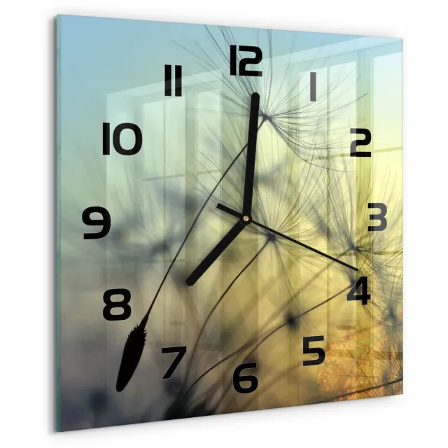TULUP Wandklok - Paardenbloemzaden Klok Glas Met Opdruk - 30x30 cm - Blauw Moderne Wandklok Glas - Zwarte handen - Vierkante Klok - Decoratieve Glazen Klok - Glazen Wandklok Design