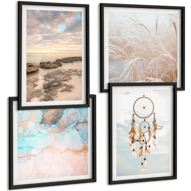 Coloray 4-Delige Schilderij Set - Zeezicht Met Wolken, Dromenvanger En Gras - 40 x 40 cm En 40 x 60 cm - Wanddecoratie - Muurdecoratie - Moderne Interieurdecoratie - Woonkamer Decoratie Zwarte lijst