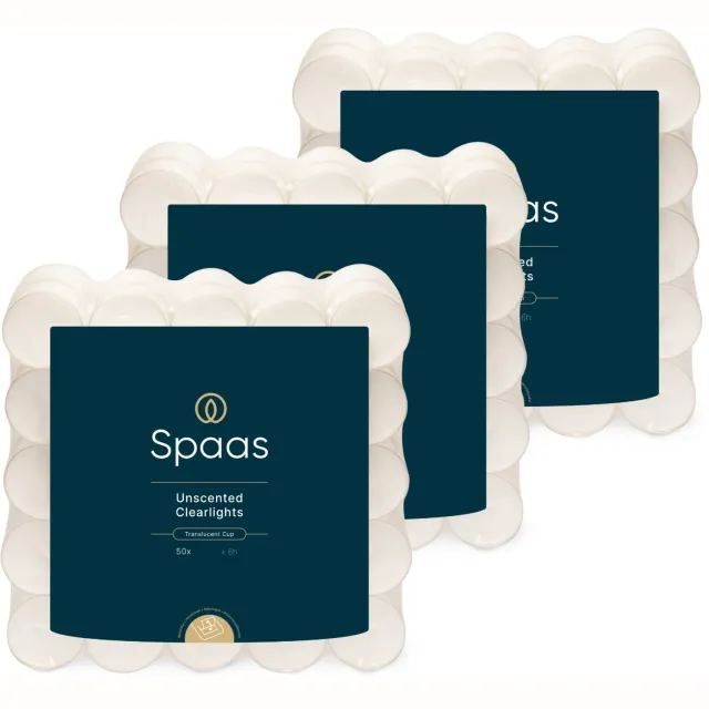Spaas Clearlights – Theelichtjes in transparante cup – 150 kaarsen – Geurloos – circa 6u – Ø3,9cm Wit