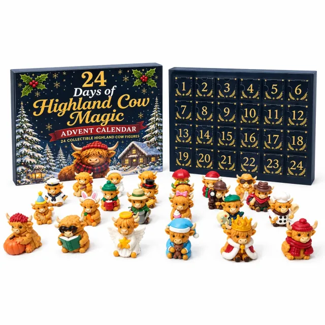 ZVD Adventskalenders - Highland Cow-kerstadventskalender 2026 — Aftellen naar Kerstmis (24 dagen) — Inclusief zachte 3D-pluche Schotse Hooglander — Kerstboomhanger — Ook te gebruiken als kerstboomdecoratie - Stijl B Meerkleurig