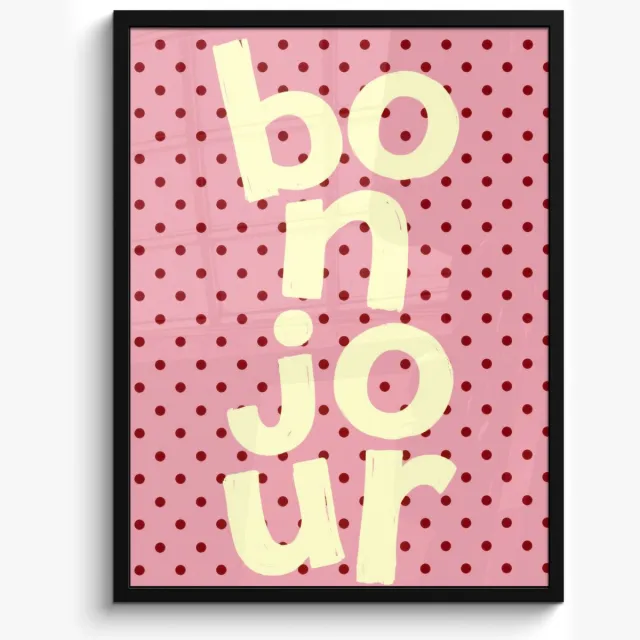 FrameYourWall Poster in lijst - Fotolijst 60x80 cm - Posters - Bonjour - Stippen - Roze- Geel - Posterlijst zwart - Decoratie - Wanddecoratie woonkamer - Muurdecoratie slaapkamer