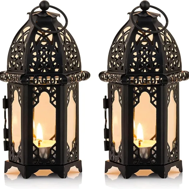 longziming Marokkaanse Lantaarn - Zwart Windlicht - Hangende Kaarshouder - Grote Deuropening - Transparant Glas Voor Lichtverspreiding - Metaal Met Glas - Exotisch Design - Veilig Binnen En Buiten Gebruik - 2 Stuks