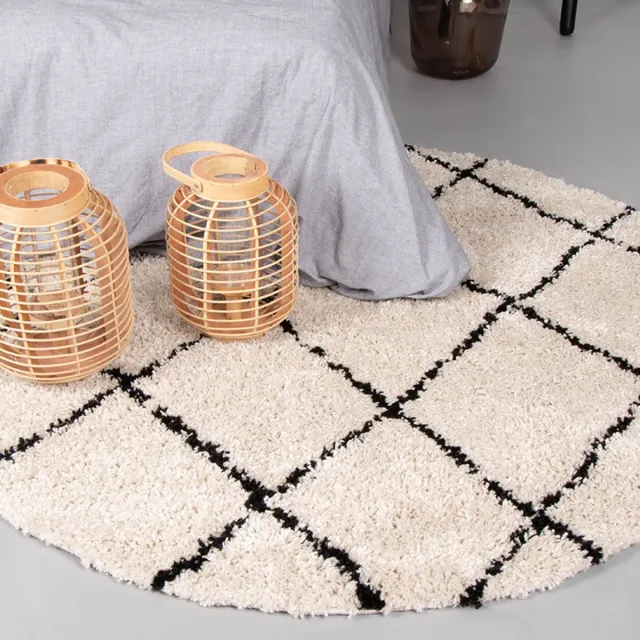Fraai Hoogpolig vloerkleed - Grand Lines Rond Creme/Zwart - Ø 120cm