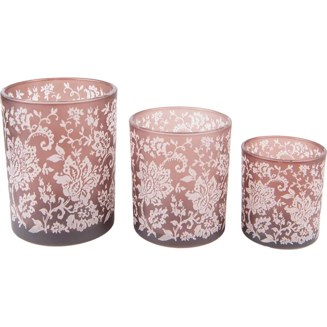 Clayre & Eef Theelichthouder Set van 3 Bruin Wit Glas Bloemen