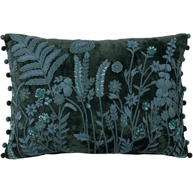 J-Line kussen Bladeren + Bloemen Rechthoek - viscose - donkergroen/turquoise