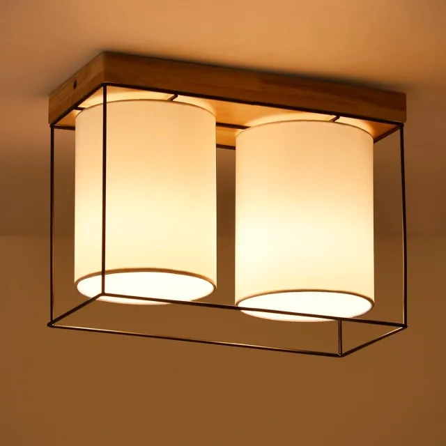 Glitzerlife Houten Plafondlamp Vintage Industrieel Retro Stijl - 2-lichts E14 Fitting - Met Stoffen Lampenkap - Geschikt voor Slaapkamer Keuken Woonkamer Eetkamer - Exclusief Lichtbron Houtkleur