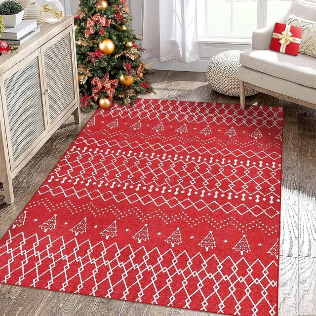 Triumpunpre Vloerkleed 80x150 cm, Rood, Scandinavisch Kerstmotief, Antislip, Zachte Chenille