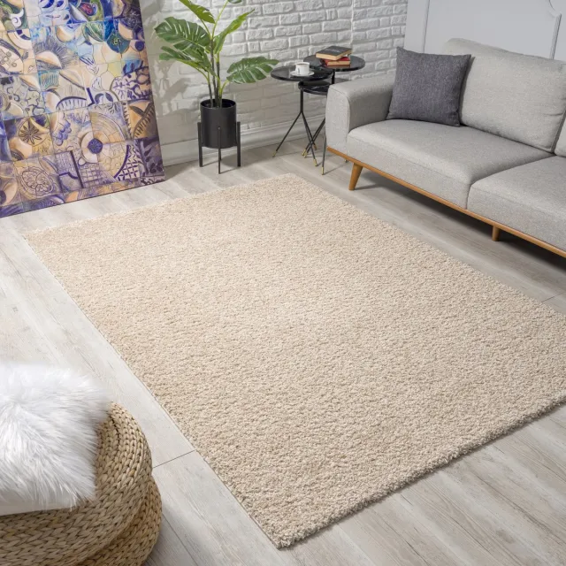 Muratap Loca Shaggy Vierkant Vloerkleed Uni Effen Hoogpolig Beige- 300x300 CM Vierkant