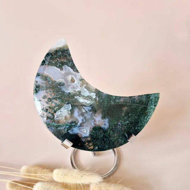 Moonlight Gemstones XL Edelsteen Mosagaat Maan op Standaard (Druzy & Patronen) #172 - 260g