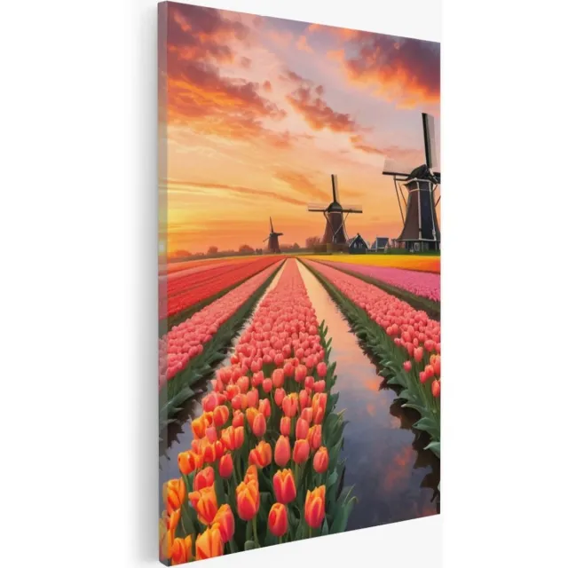 Saammp Canvas Schilderij - Landschap - bloemenveld met molens en een zonsondergang - Natuur - 100x150 - Foto op canvas - Wanddecoratie - Muurdecoratie Woonkamer - Slaapkamer decoratie - Canvas Print Multicolor