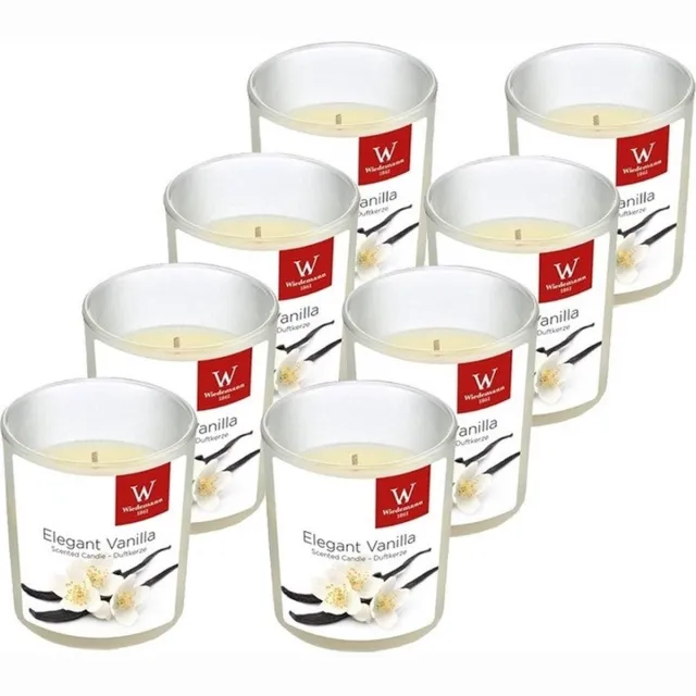 Trend Candles Geurkaars - 8x - in glas - Vanille aroma - 25 branduren - 7 x 8 cm - woondecoratie - kaarsen Wit
