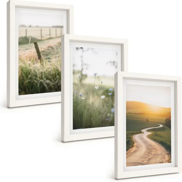 TULUP 3-Delige Schilderij Set - Landschap met een weide, een weg en een zonsondergang. - 20x30 - Wanddecoratie - Muurdecoratie - Moderne Interieurdecoratie - Moderne Wanddecoratie Witte lijst