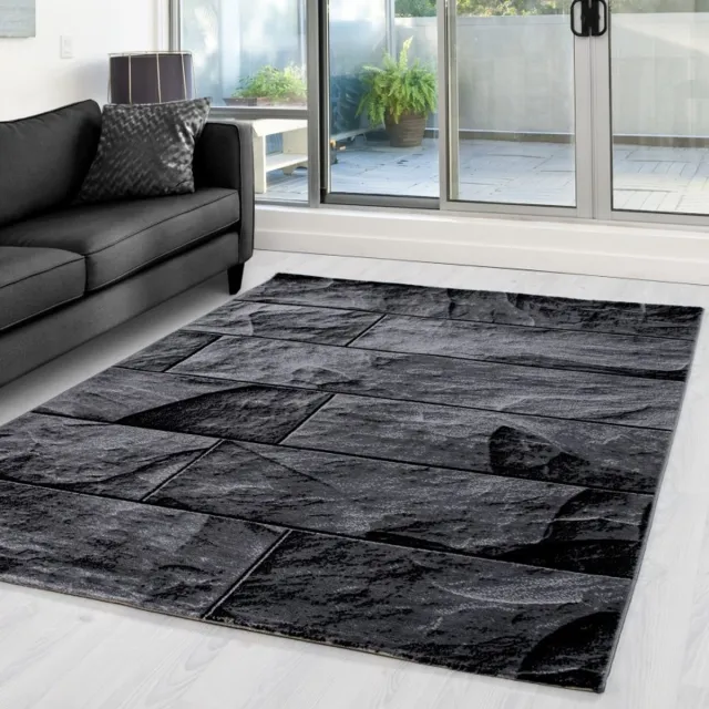 Ayyildiz Laagpolig vloerkleed, steenmotief, zwart, woonkamerkleed, jute achterkant, afmeting: 200 cm x 290 cm