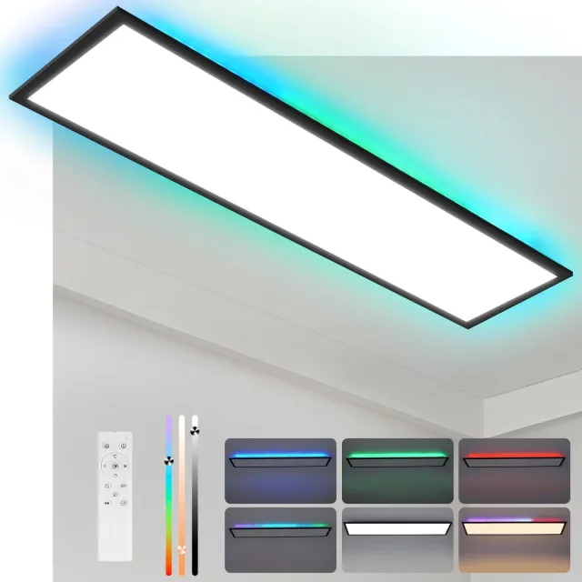 NETTLIFE plafondlamp - LED-paneel - plafondlamp dimbaar RGB - 120x30cm - 36W - achtergrondverlichting - daglichtlamp - kantoor zwart
