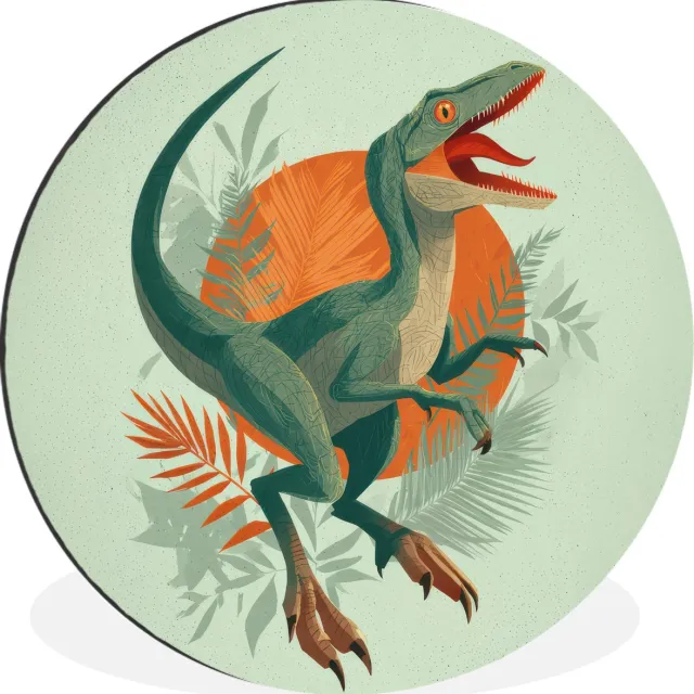 WallCircle Wandcirkel - Muurcirkel - Dino - Bladeren - Grafisch - Groen - Aluminium - Dibond - 120x120 cm - Binnen en Buiten