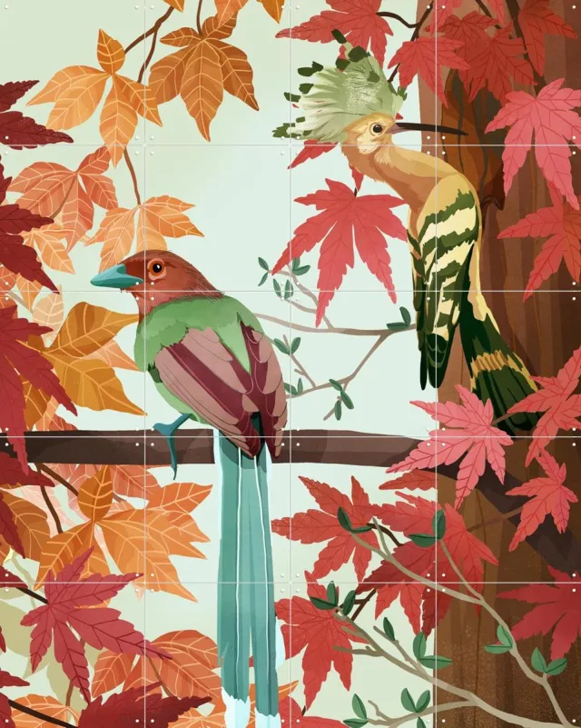 IXXI Birds of Autumn, Goed Blauw - 80 x 100 cm - Grote wanddecoratie en posters - Speels, Illustraties, Digitale Kunst, Woonkamer, Natuur, Bladeren Rood / Warme kleuren