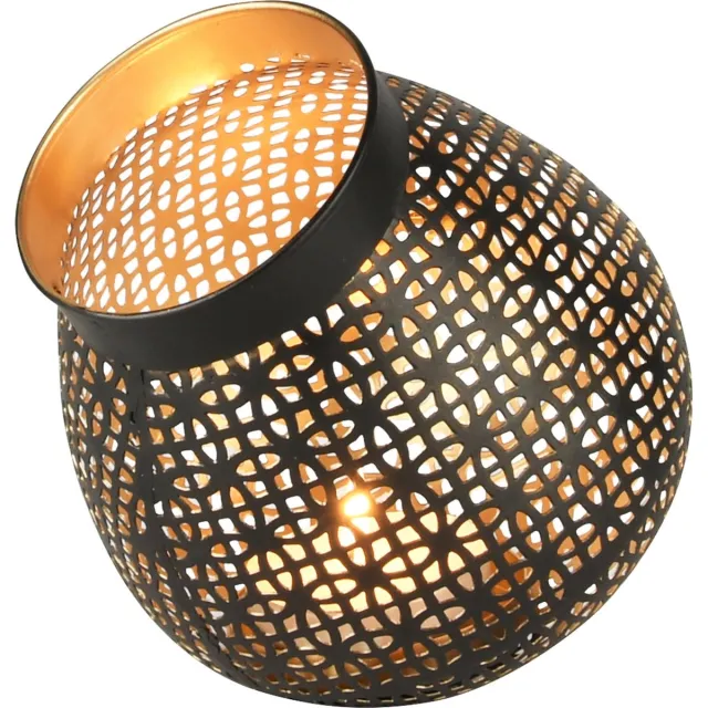 dekoratief Waxinelichtjeshouder / theelichthouder / windlicht - Zwart / goud - 14 x 16 x 15 cm hoog.
