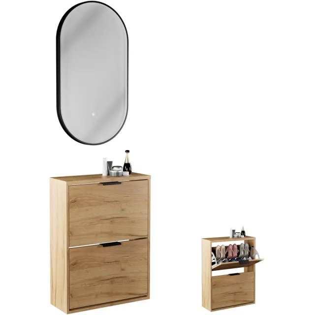 Planetmöbel STIVIO Schoenenkast 60 cm 2 Kleppen Goud Eiken LED Spiegel
