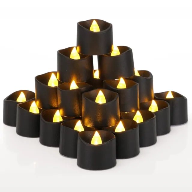 Excitat Zwarte Batterijgevoede Theelichtjes - Verpakking van 24 - Feestkaarsen - Vlamloos Flikkerend - Perfect geschikt voor Feestdecoraties - 3,6 cm Diameter x 3,6 cm Hoog